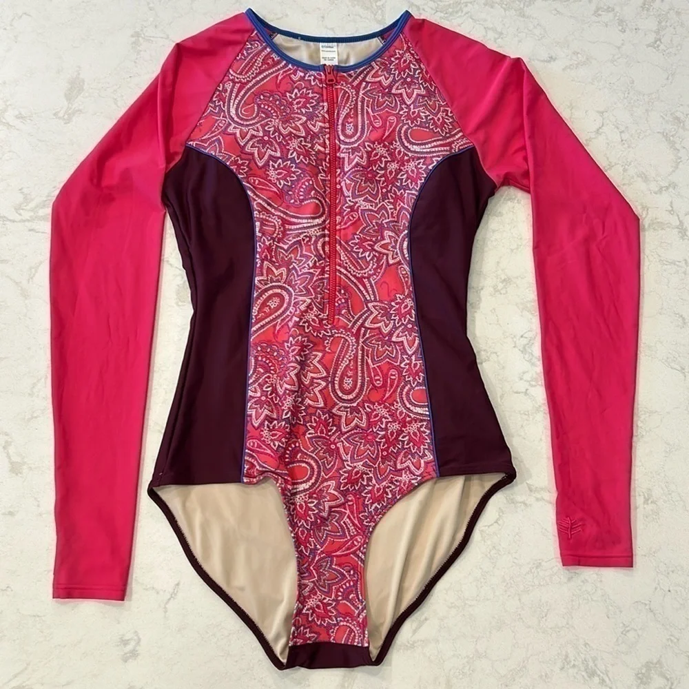 Coolibar Escalante Women's Swimsuit Pink Paisley Zip Stretch Thumbhole UPF 50